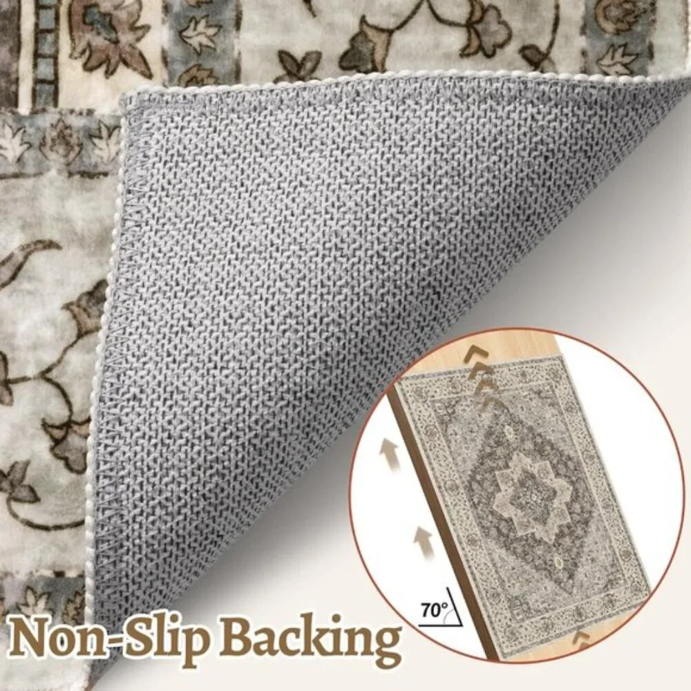 2x3 Vintage Washable Rug, Non-Slip Entryway Door Mat, Grey/Brown, Soft Low Pile